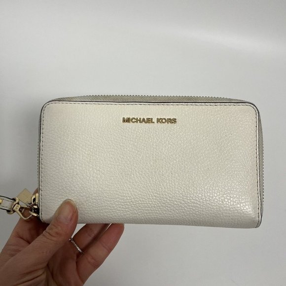 Michael Kors Jet Set Travel Phone Wallet Wristlet Off White Leather Cream - Picture 9 of 11